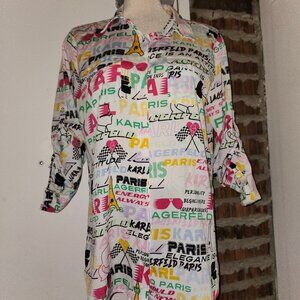 Karl Lagerfeld Eiffel Tower Convertible Sleeve Button Shirt Pockets Size L Large